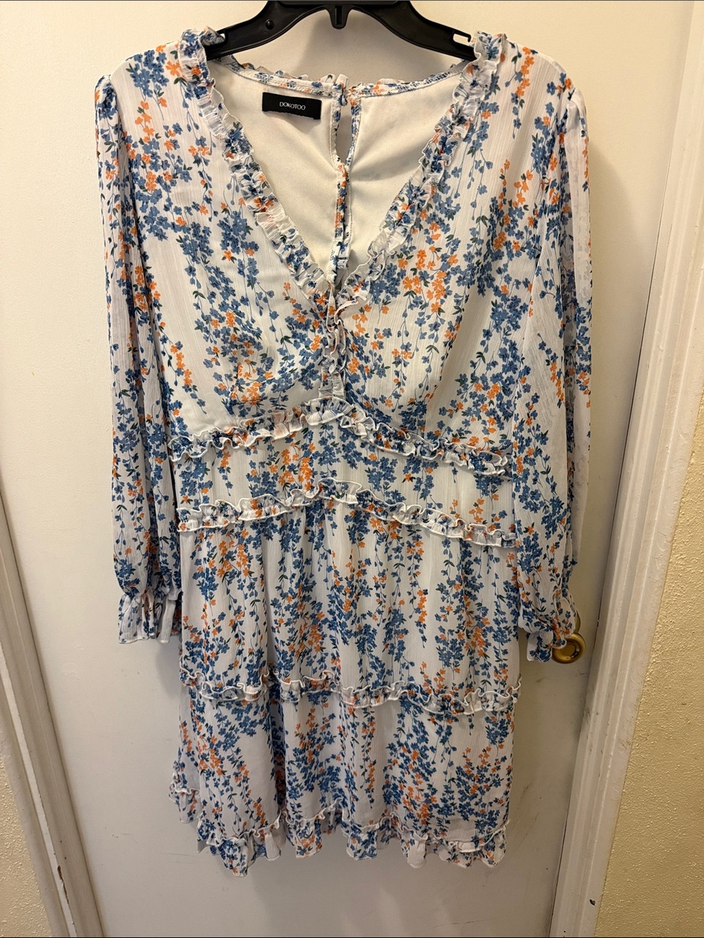 Dokotoo Blue & Orange Floral Ruffle Tiered Long Sleeve Dress